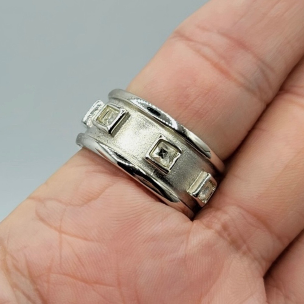 Timeless Wide Band Ring White Gold-Plated Alloy Clear Stone Accent Squares Sz 6